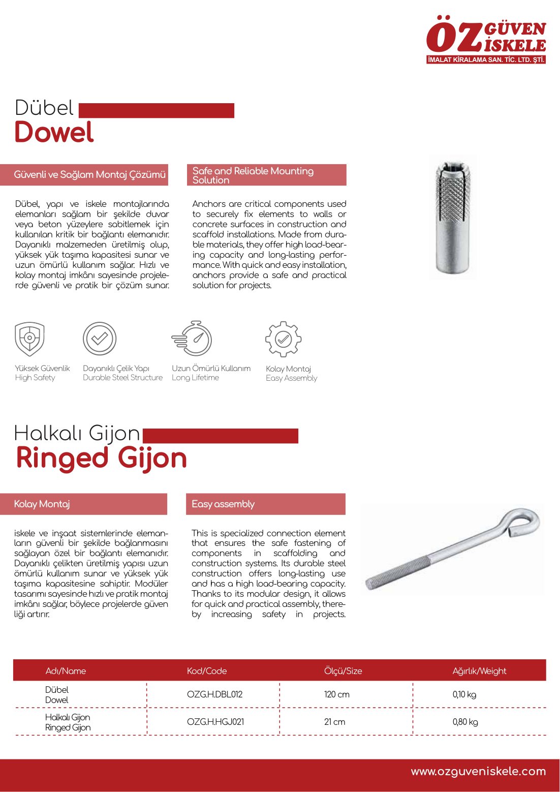 Dübel katalog sayfası